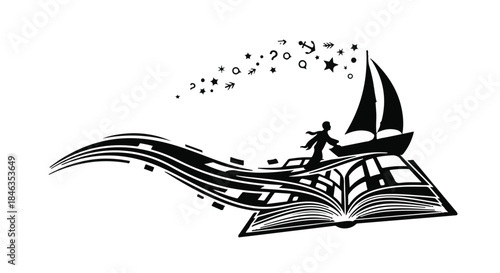 Journey of imagination sailing on a sea of music from an open book.