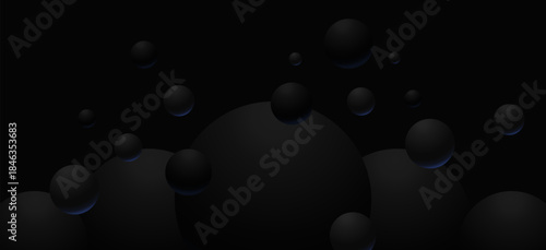 Dark abstract background with floating black 3D sphere pattern with a little bluish glowing light.