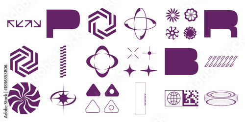 Purple geometric and abstract symbols and collection white shapes arrows