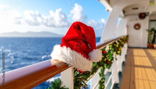 Santa hat on cruise ship railing with ocean sunset and festive decor.