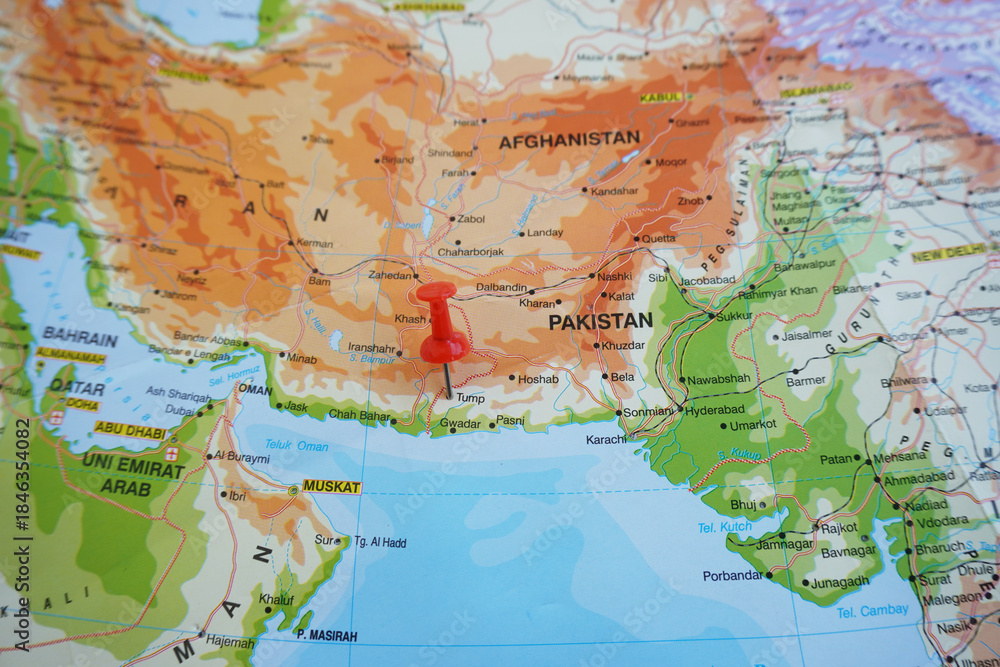 Naklejka premium View of Tump, is a city in Tump Tehsil in the Tump District of Balochistan province of Pakistan, on geographical map of Asia, marked with red push pin