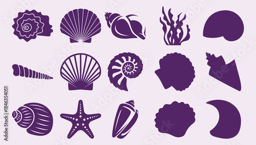 Purple silhouette collection of seashells and seaweed white silhouettes starfish