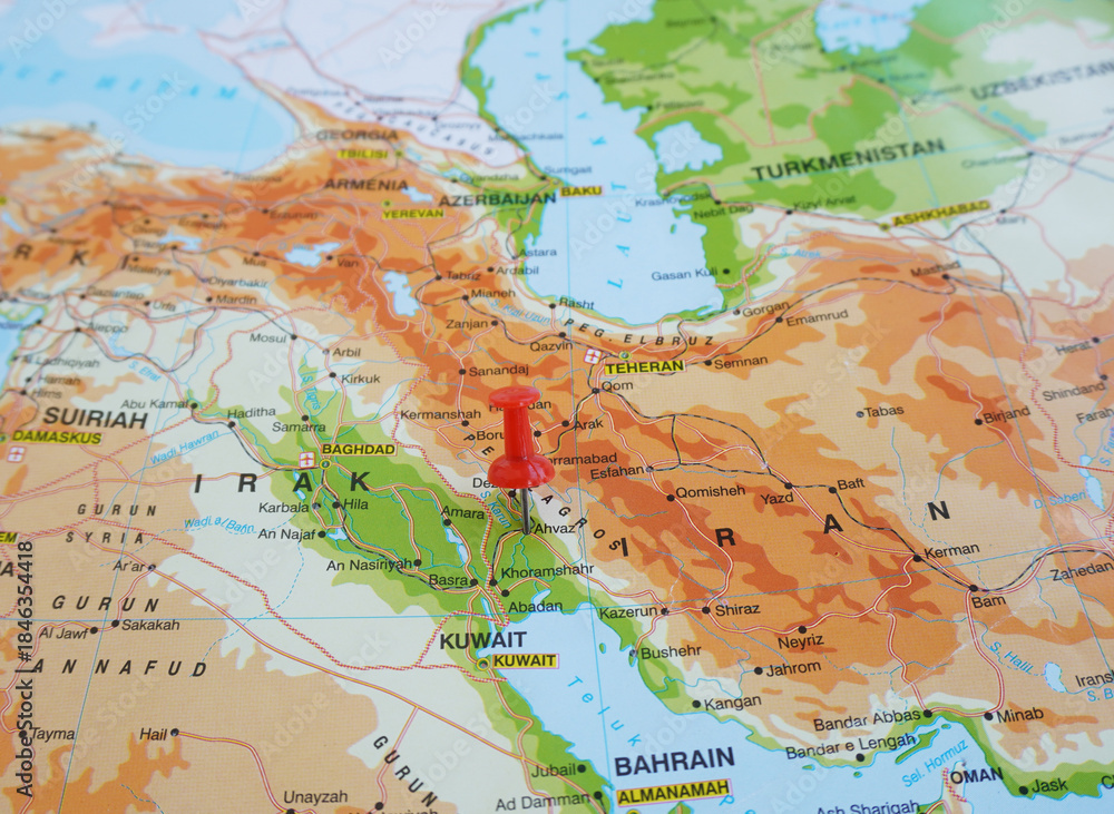 Naklejka premium View of Ahvaz, is a city in the Central District of Ahvaz County, Khuzestan province, Iran, on geographical map of Asia, marked with red push pin