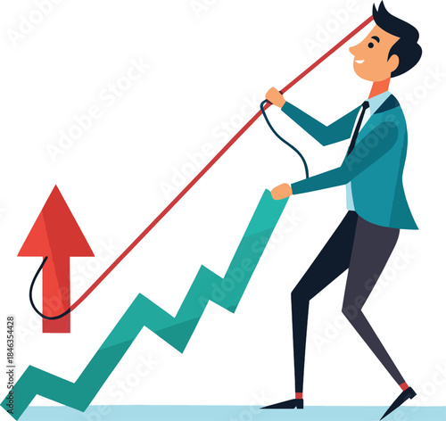 Businessman pulling graph upward on white background isolated