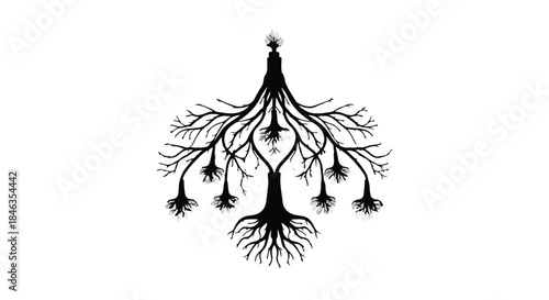 Intricate silhouette of a tree with sprawling roots and a delicate crown, symbolizing growth and connection.