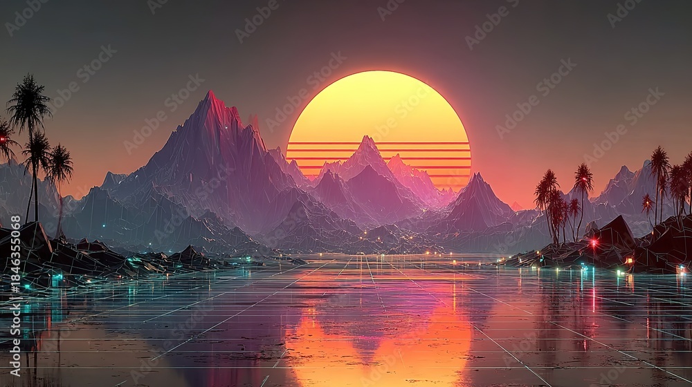 Fototapeta premium Neon retro-futurist 80s synthwave landscape background 
