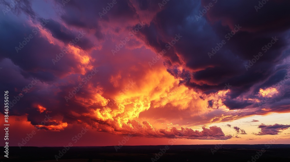 Obraz premium 90.A breathtaking sky at golden hour, with brilliant hues of orange and yellow blending seamlessly into deep purple storm clouds, creating a dramatic summer evening atmosphere.