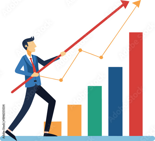 Businessman pushing upward trend graph on white background isolated