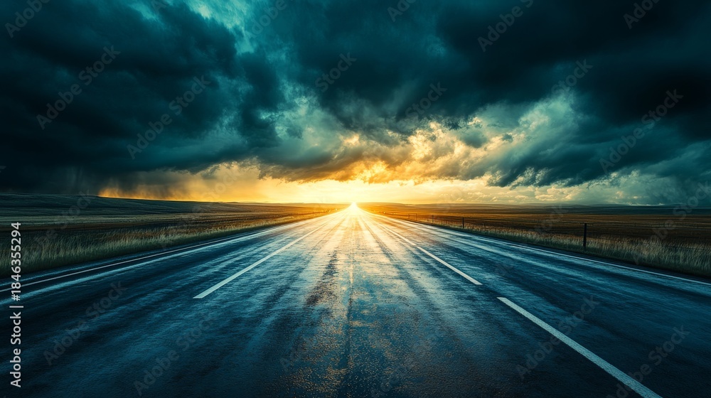 Obraz premium 75.A cinematic shot of a rain-soaked highway stretching endlessly, with storm clouds rolling in above, the diffused light of the sun barely breaking through the thick atmosphere.