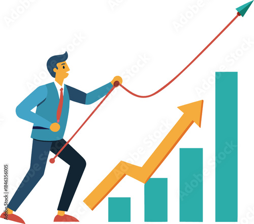 Man pulling graph upward with rope on white background