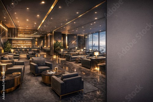 Horizontal luxury airport lounge interior with warm golden lighting, dark elegant tones, modern seating and premium atmosphere, conveying comfort, exclusivity and high-end travel experience