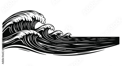 Dramatic black and white illustration of powerful ocean waves crashing ashore