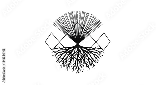 Abstract geometric design featuring a stylized tree with intricate roots and radiating lines, symbolizing growth and connection.