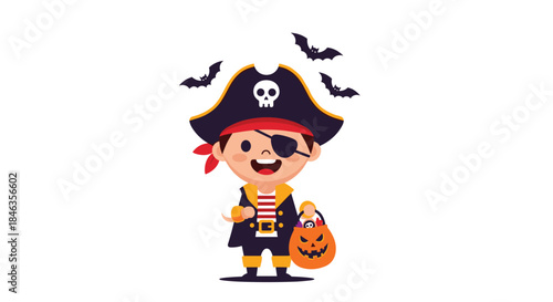 Playful young pirate in a colorful costume stands beside a glowing jack o lantern bucket during a Halloween night filled with bats and adventure.