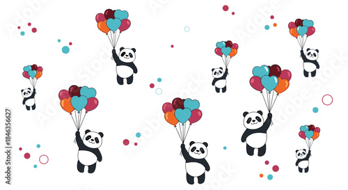 Playful pandas float above a white background holding colorful heart shaped balloons while confetti dots drift around in a cheerful playful scene.