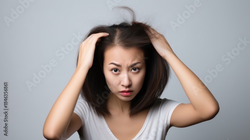 woman very sad and upset looking at damaged hair, hair loss, hair thinning problem, vitamin deficiency, baldness, postpartum, biotin, zinc, menstrual or endocrine disorders, hormonal imbalance