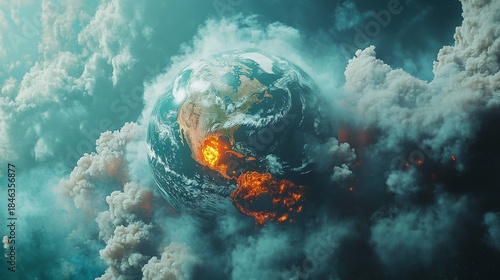 3.A futuristic digital art representation of global warming, featuring an Earth partially covered in wildfire smoke, with swirling hurricanes forming over the oceans, emphasizing the extreme climate