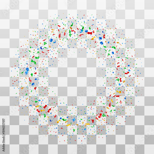 3D Multicolored exploding confetti and streamers forming a circle on transparent grid backdrop. Celebration and party concept for greeting card design. Vector illustration