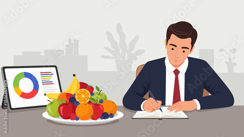 Businessman Writing with Fresh Fruit Nearby.