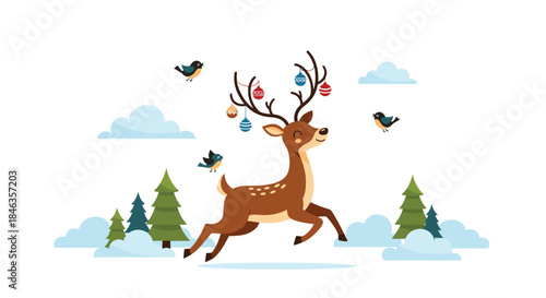Majestic deer with decorated antlers dances through a snowy forest as colorful ornaments hang from its antlers and birds fly around.