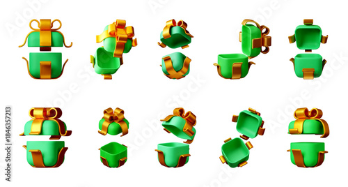Set of open and closed green gift box with golden ribbon in various viewing angles. Present for celebration, birthday party, New Year, Christmas. Vector illustration