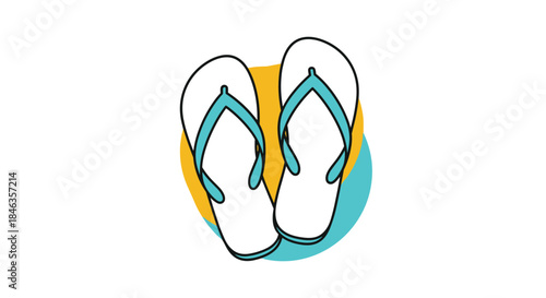 Illustration of a pair of white and blue flip-flops resting on a vibrant, abstract yellow and teal background, symbolizing summer and relaxation.