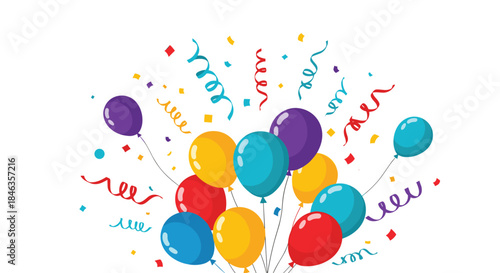 An assortment of colorful party balloons floating amidst scattered confetti and swirling streamers on a white background.
