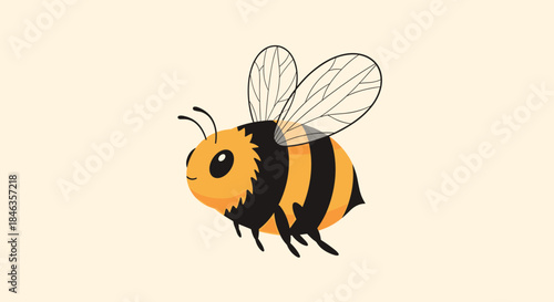 A cute and chubby cartoon bee with black and yellow stripes, tiny wings, and a happy face, flying against a soft cream background.
