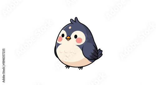 A sweet and adorable cartoon illustration of a plump little bird with dark plumage and rosy cheeks, isolated on a white background.