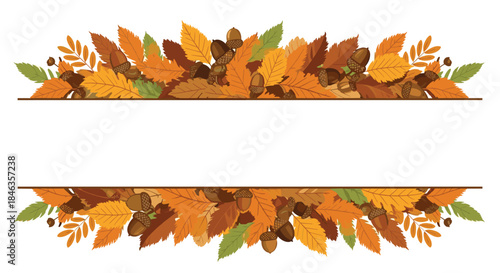 Autumn leaves and acorns create a warm, decorative top and bottom border, perfect for fall-themed designs and invitations.