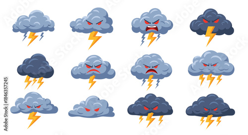 Cartoon storm clouds with angry faces and lightning bolts illustrate bad weather and intense emotional states.