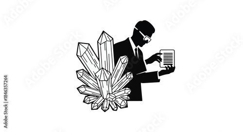 Man in suit examines a tablet screen surrounded by crystals, symbolizing data or innovation