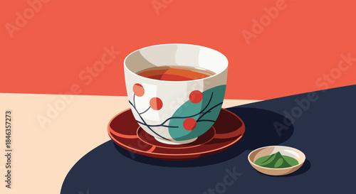 A minimalist illustration of a warm cup of tea on a dark table, accompanied by a small dish of matcha powder.