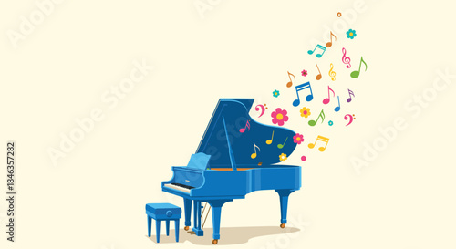 An illustration of a vibrant blue grand piano with a flurry of colorful musical notes and cheerful flowers emanating from its open lid, symbolizing joy and creativity.