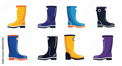 Eight colorful rubber rain boots in different styles and hues, ideal for wet weather and outdoor wear.
