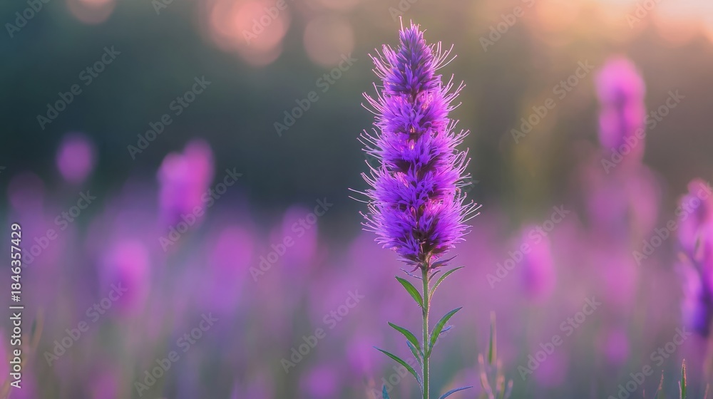 Fototapeta premium 109.A close-up macro shot of a single Meadow Blazing Star, showcasing the intricate, feathery texture of its vibrant purple petals, with a blurred meadow of flowers in the background.
