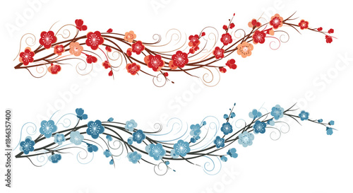 Elegant floral borders featuring stylized red, orange, and blue blossoms on winding branches, creating a decorative Asian-inspired design.
