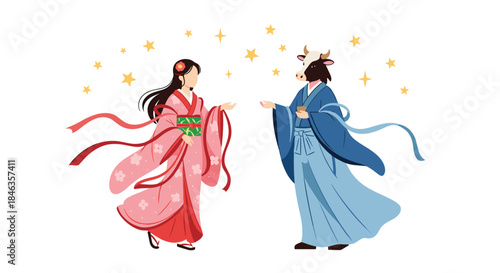 Illustrative depiction of the Chinese legend, the Cowherd and the Weaver Girl, meeting under the stars for the Qixi Festival.