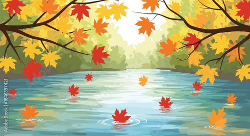Vibrant autumn maple leaves in red, orange, and yellow fall from tree branches and float gently on a serene river.