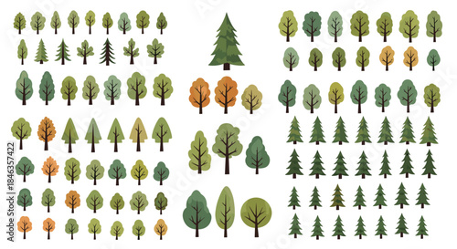 Various stylized pixel art and cartoon trees, including deciduous and coniferous types, for digital design resources.