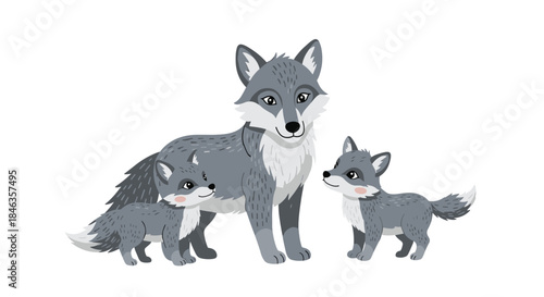 Family of three wolves stands together in a gray illustrated scene showing an adult and two pups in a calm protective posture.