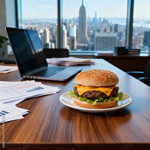사무실책상위의치즈버거와도시전망
