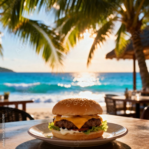 해변카페에서먹는치즈버거와푸른바다전망