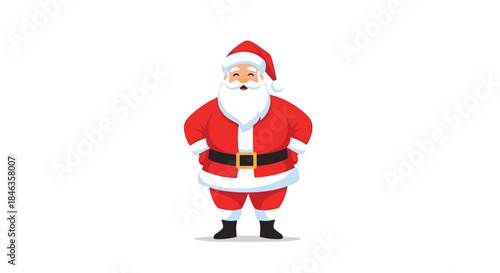 Cheerful Santa Claus stands with hands on hips wearing a bright red suit and hat a white beard a black belt with a gold buckle and black boots.