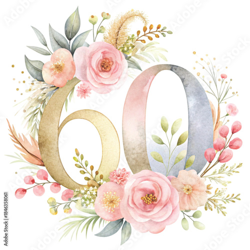 watercolor Even numbers  in soft blush pink tones decorated with elegant watercolor 