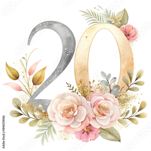 watercolor Even numbers  in soft blush pink tones decorated with elegant watercolor 