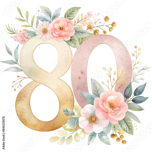 watercolor Even numbers  in soft blush pink tones decorated with elegant watercolor 