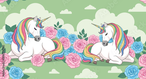 Two unicorns rest beside a bed of pink and blue roses under a soft green sky with fluffy clouds creating a whimsical serene garden dream scene.