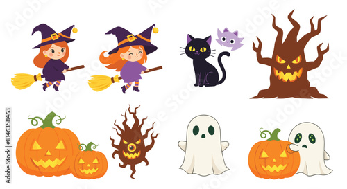 Whimsical Halloween scene shows witches on brooms beside a black cat and a purple cat with a glowing haunted tree and carved pumpkins and friendly ghosts.