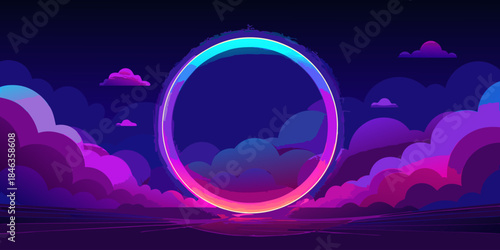 Neon circle in a purple and pink nightscape abstract background design